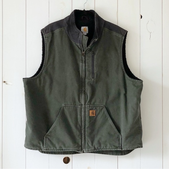 Carhartt Vest Jacket Size 2XL Tall Green Full Zip Sherpa Lined Work Wear 2 Tone - Picture 1 of 8
